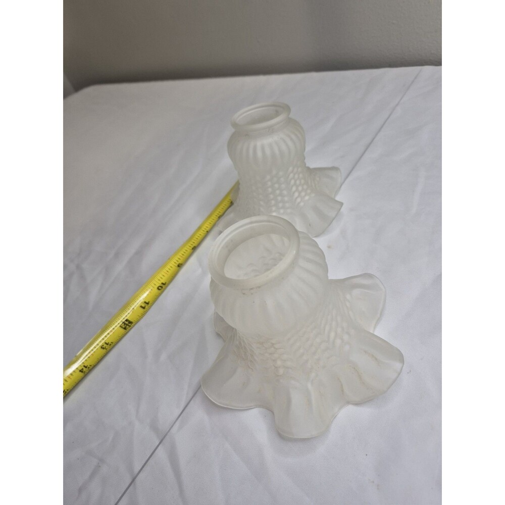 Pair Vintage Milk Glass Lamp Shades Scalloped Rim Grape Hobnail Pattern 4"...